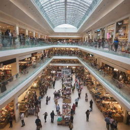 Inside a lively mall featuring a bustling shopping market filled with a diverse selection of stalls selling various goods.