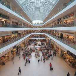 Inside a lively mall featuring a bustling shopping market filled with a diverse selection of stalls selling various goods.