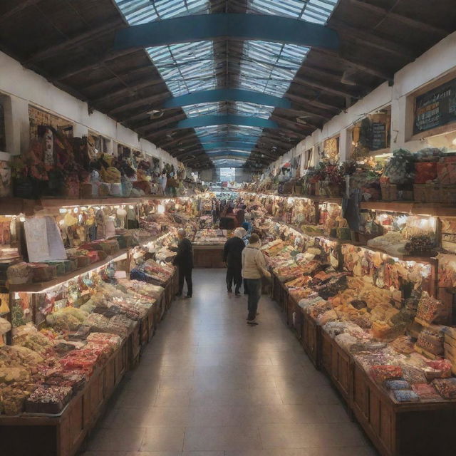 A cozy, small shopping market nestled within a bustling mall, featuring a unique mix of stalls selling a variety of goods.