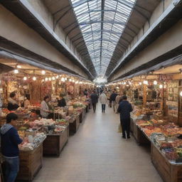 A cozy, small shopping market nestled within a bustling mall, featuring a unique mix of stalls selling a variety of goods.