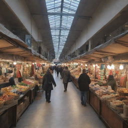 A cozy, small shopping market nestled within a bustling mall, featuring a unique mix of stalls selling a variety of goods.