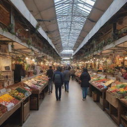 A cozy, small shopping market nestled within a bustling mall, featuring a unique mix of stalls selling a variety of goods.