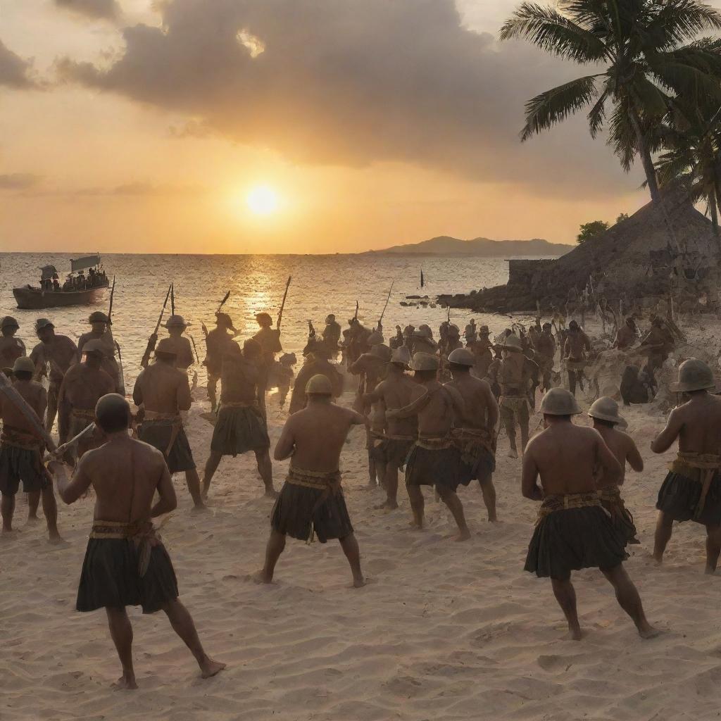 Historic Battle of Mactan scene, late in the afternoon with Filipino warriors and Spanish soldiers. The backdrop is the tropical beach of Mactan island, with the sun almost setting, illuminating the chaos and creating towering dark shadows.