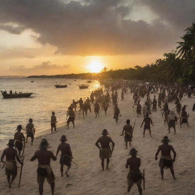 Historic Battle of Mactan scene, late in the afternoon with Filipino warriors and Spanish soldiers. The backdrop is the tropical beach of Mactan island, with the sun almost setting, illuminating the chaos and creating towering dark shadows.