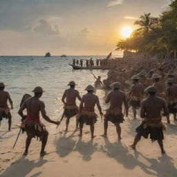 Historic Battle of Mactan scene, late in the afternoon with Filipino warriors and Spanish soldiers. The backdrop is the tropical beach of Mactan island, with the sun almost setting, illuminating the chaos and creating towering dark shadows.