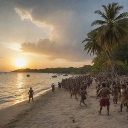 Historic Battle of Mactan scene, late in the afternoon with Filipino warriors and Spanish soldiers. The backdrop is the tropical beach of Mactan island, with the sun almost setting, illuminating the chaos and creating towering dark shadows.