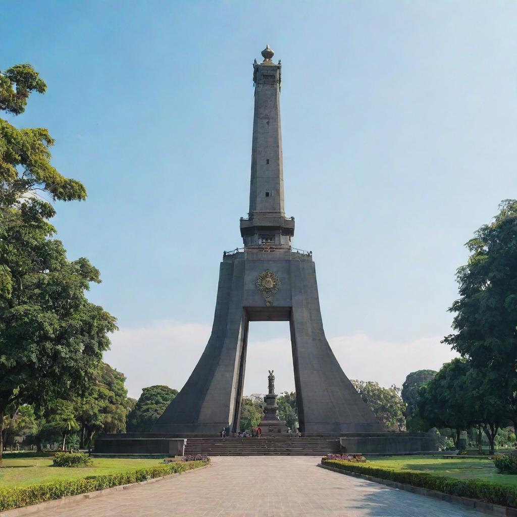 The iconic Tugu Surabaya monument in Surabaya, Indonesia. Its magnificent structure under the bright daytime sky with the lush greenery surrounding it.