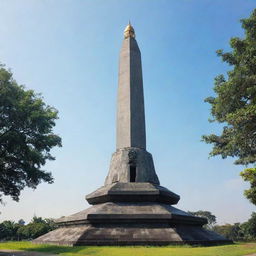 The iconic Tugu Surabaya monument in Surabaya, Indonesia. Its magnificent structure under the bright daytime sky with the lush greenery surrounding it.