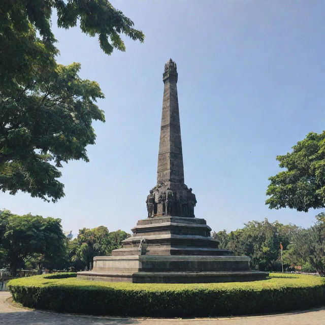 The iconic Tugu Surabaya monument in Surabaya, Indonesia. Its magnificent structure under the bright daytime sky with the lush greenery surrounding it.