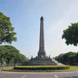 The iconic Tugu Surabaya monument in Surabaya, Indonesia. Its magnificent structure under the bright daytime sky with the lush greenery surrounding it.