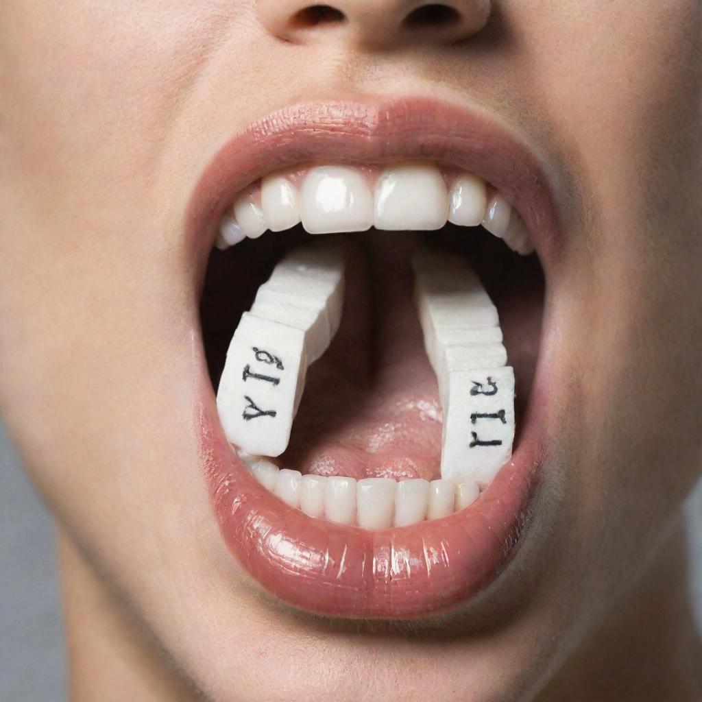 A close-up of a mouth with letters emerging from it, depicting the act of speaking.