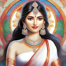 A high-quality digital art image showcasing the Hindu deity, Parvati, in a stunning white saree