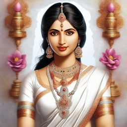 A high-quality digital art image showcasing the Hindu deity, Parvati, in a stunning white saree