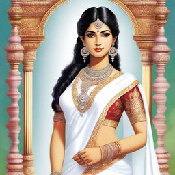 A high-quality digital art image showcasing the Hindu deity, Parvati, in a stunning white saree