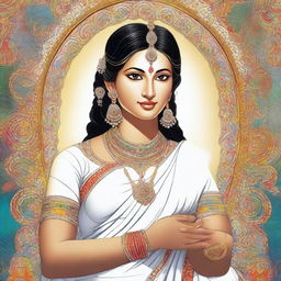 A high-quality digital art image showcasing the Hindu deity, Parvati, in a stunning white saree