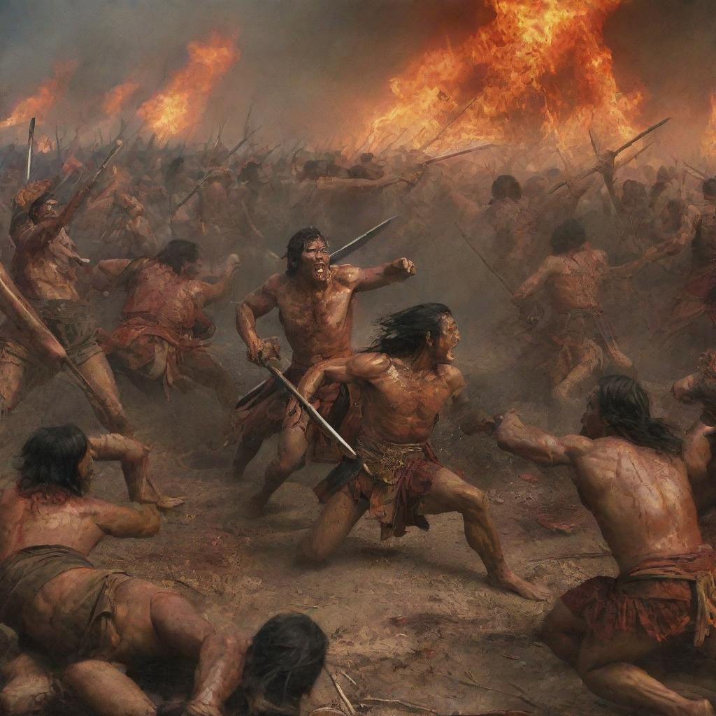 A visually dramatic and tumultuous scene of the Battle of Mactan, depicting fierce warriors in combat, the chaos of battle, the hues of fire and blood but no explicit violence.