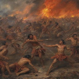 A visually dramatic and tumultuous scene of the Battle of Mactan, depicting fierce warriors in combat, the chaos of battle, the hues of fire and blood but no explicit violence.