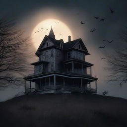 A high-quality digital art image depicts a haunted house perched on a hill