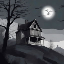 A high-quality digital art image depicts a haunted house perched on a hill