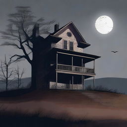 A high-quality digital art image depicts a haunted house perched on a hill