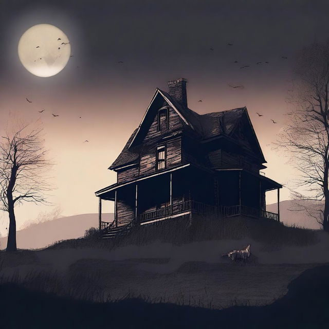 A high-quality digital art image depicts a haunted house perched on a hill