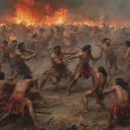 A visually dramatic and tumultuous scene of the Battle of Mactan, depicting fierce warriors in combat, the chaos of battle, the hues of fire and blood but no explicit violence.