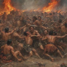 A visually dramatic and tumultuous scene of the Battle of Mactan, depicting fierce warriors in combat, the chaos of battle, the hues of fire and blood but no explicit violence.