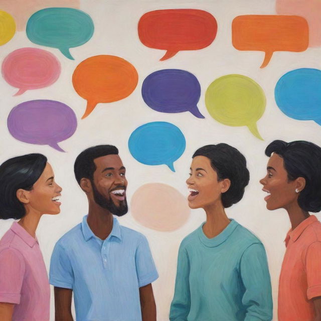 An expressive painting showcasing several people engaged in animated conversation with speech bubbles filled with colorful words.