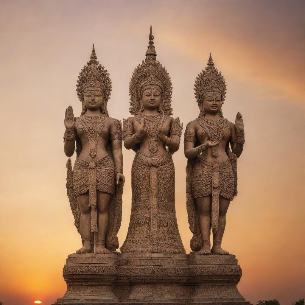 A spectacular monument of Sura and Baya, depicted as majestic, traditional figures, set against a beautiful sunset backdrop