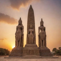 A spectacular monument of Sura and Baya, depicted as majestic, traditional figures, set against a beautiful sunset backdrop