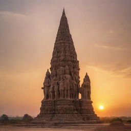 A spectacular monument of Sura and Baya, depicted as majestic, traditional figures, set against a beautiful sunset backdrop