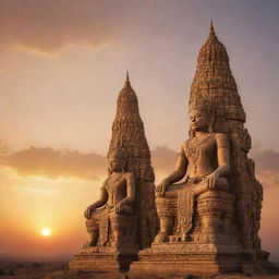 A spectacular monument of Sura and Baya, depicted as majestic, traditional figures, set against a beautiful sunset backdrop