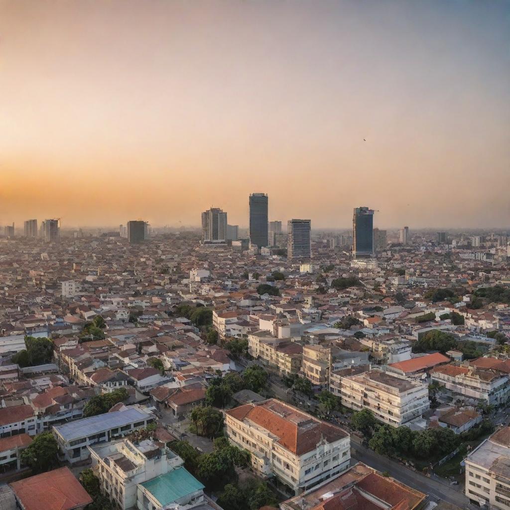 A scenic panorama of Surabaya, Indonesia, showcasing its bustling cityscape, stunning architecture, and surrounding natural beauty during golden hour.