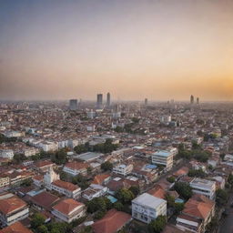 A scenic panorama of Surabaya, Indonesia, showcasing its bustling cityscape, stunning architecture, and surrounding natural beauty during golden hour.