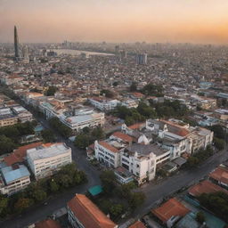 A scenic panorama of Surabaya, Indonesia, showcasing its bustling cityscape, stunning architecture, and surrounding natural beauty during golden hour.