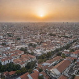 A scenic panorama of Surabaya, Indonesia, showcasing its bustling cityscape, stunning architecture, and surrounding natural beauty during golden hour.