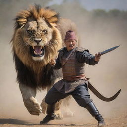 A fierce Gurkha warrior in traditional armor, wielding a khukuri knife, in the midst of a daring combat with a majestic lion