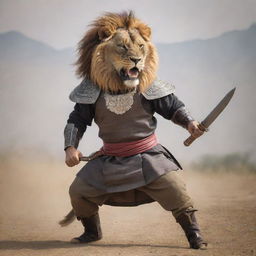 A fierce Gurkha warrior in traditional armor, wielding a khukuri knife, in the midst of a daring combat with a majestic lion