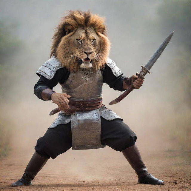 A fierce Gurkha warrior in traditional armor, wielding a khukuri knife, in the midst of a daring combat with a majestic lion