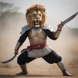 A fierce Gurkha warrior in traditional armor, wielding a khukuri knife, in the midst of a daring combat with a majestic lion