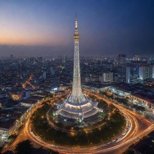 A grand monument in Surabaya, Indonesia, showcasing intricate design splendor, illuminated against the night sky with busy city life as a backdrop.