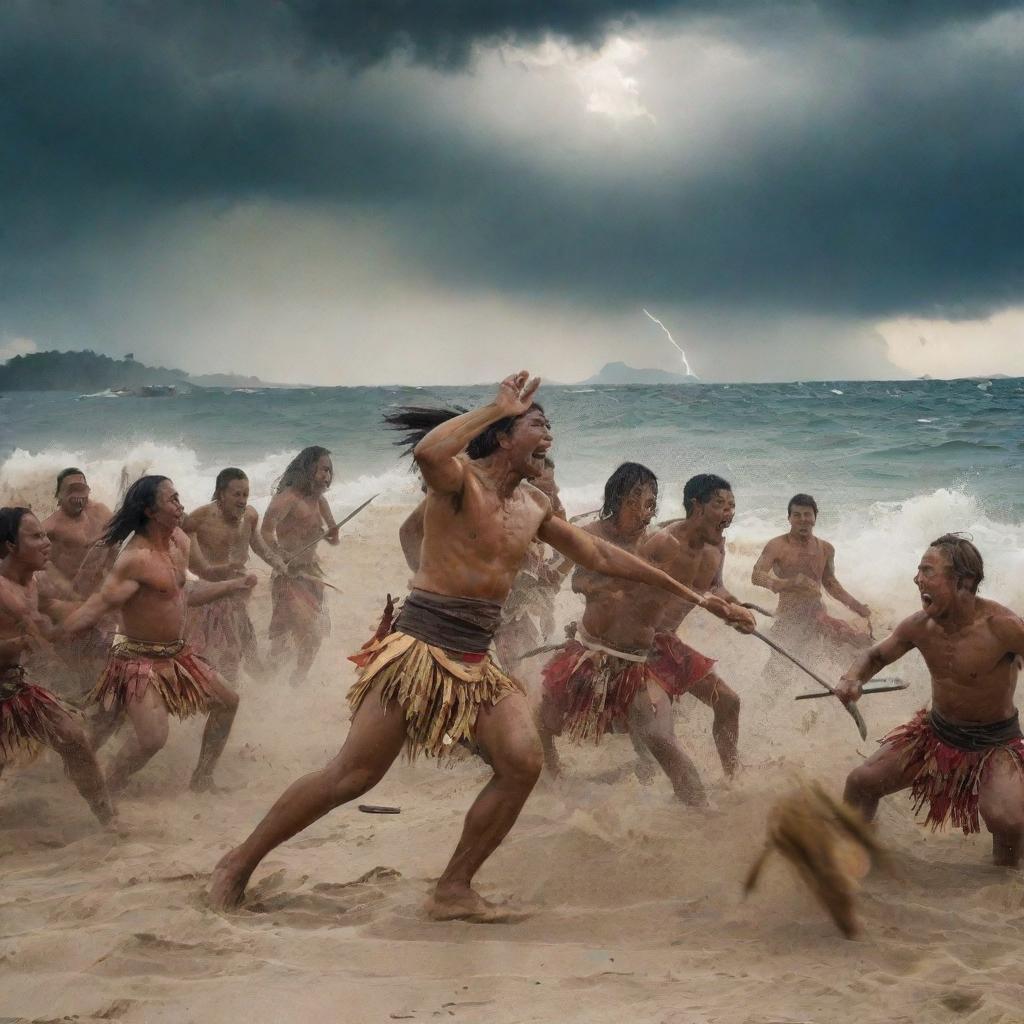 An intensified version of the Battle of Mactan. Fierce Filipino warriors clashing against determined Spanish soldiers, set against the backdrop of a stormy Mactan beach, with lightning strikes accompanying the warriors' moves.