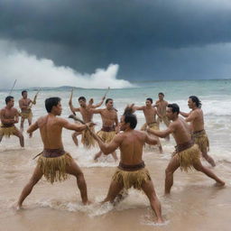 An intensified version of the Battle of Mactan. Fierce Filipino warriors clashing against determined Spanish soldiers, set against the backdrop of a stormy Mactan beach, with lightning strikes accompanying the warriors' moves.