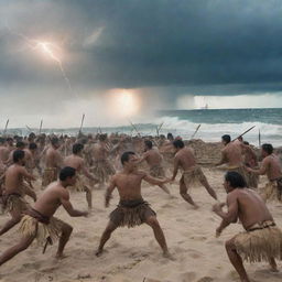 An intensified version of the Battle of Mactan. Fierce Filipino warriors clashing against determined Spanish soldiers, set against the backdrop of a stormy Mactan beach, with lightning strikes accompanying the warriors' moves.