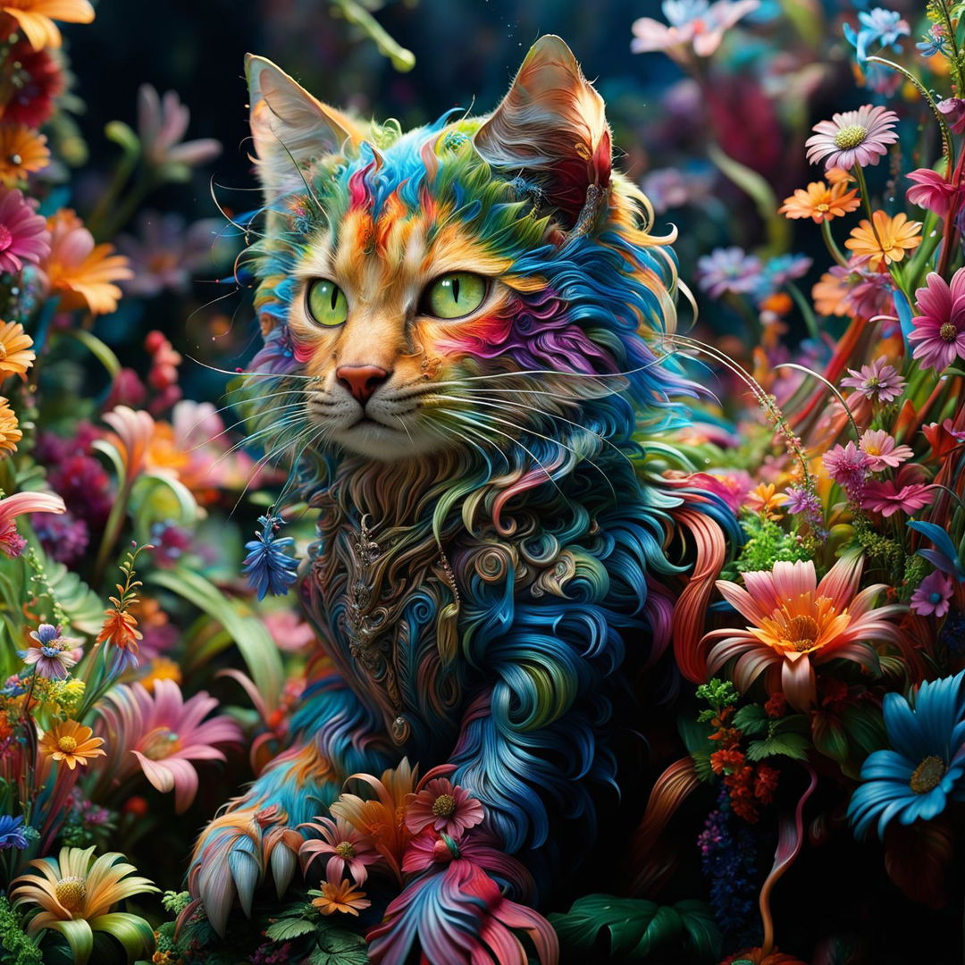 A close-up, high-definition photo of a hyper-realistic 3D rococo fantasy alien cat hybrid in a vibrant mythical forest filled with fantastical flowers, radiating happiness and wonder.