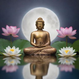 A serene image of Buddha meditating on tranquil water, surrounded by blooming lotus flowers. In the background, the full moon illuminates a Bodhi leaf in honour of Wesak.