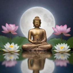 A serene image of Buddha meditating on tranquil water, surrounded by blooming lotus flowers. In the background, the full moon illuminates a Bodhi leaf in honour of Wesak.