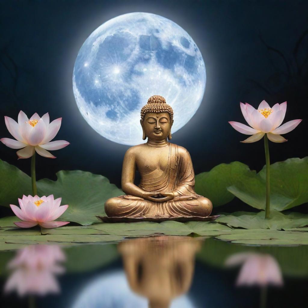 A serene image of Buddha meditating on tranquil water, surrounded by blooming lotus flowers. In the background, the full moon illuminates a Bodhi leaf in honour of Wesak.