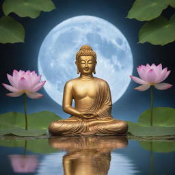 A serene image of Buddha meditating on tranquil water, surrounded by blooming lotus flowers. In the background, the full moon illuminates a Bodhi leaf in honour of Wesak.