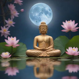 A serene image of Buddha meditating on tranquil water, surrounded by blooming lotus flowers. In the background, the full moon illuminates a Bodhi leaf in honour of Wesak.